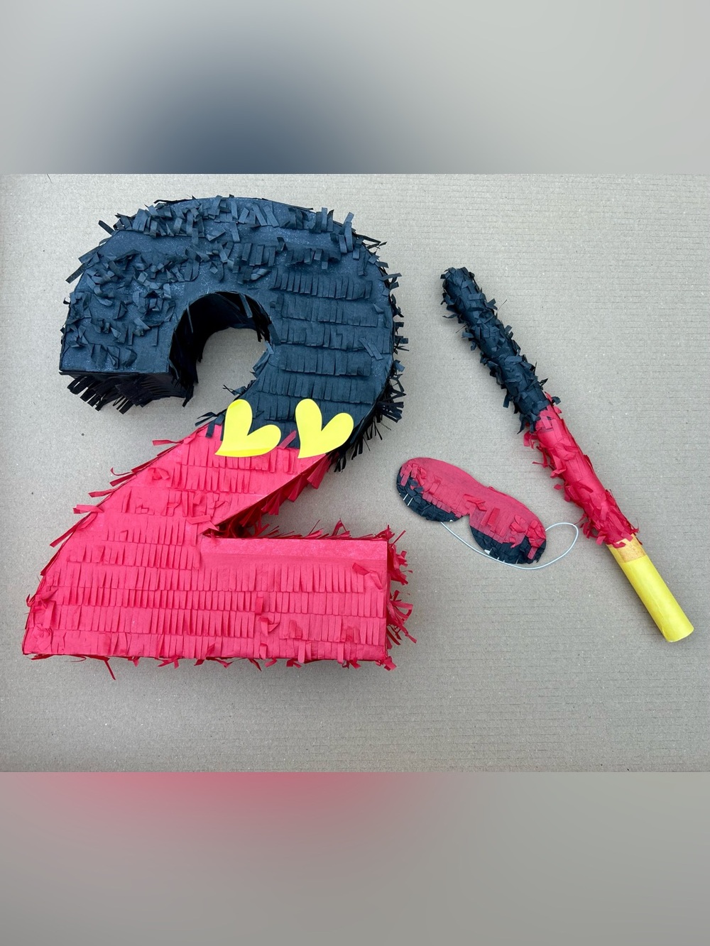 Number 2 Piñata Set – Black/Red Theme + Stick & Blindfold | New
